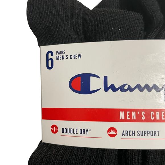 Champion Mens Black Crew Socks Double Dry Arch Support Cushioned Heel and Toe - Picture 3 of 8